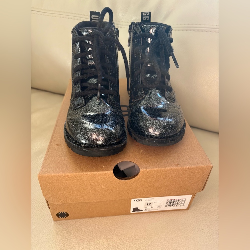 UGG Girl’s Shiny Charcoal Black Glitter Combat Boots
